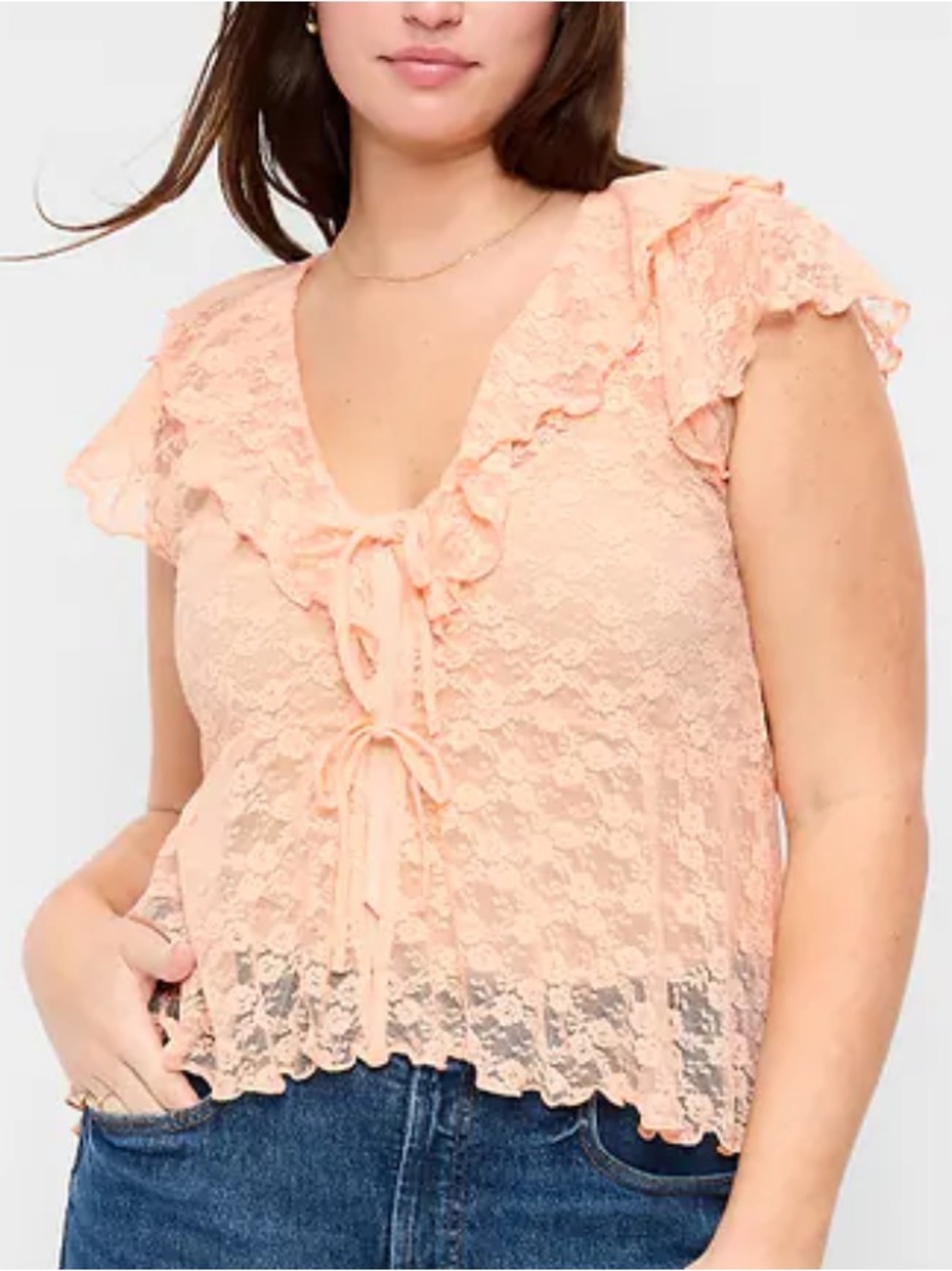 Old Navy Small Lace Tie Front Bow Floral Sheer Ruffle Top Peach Pink Cottage 25’
